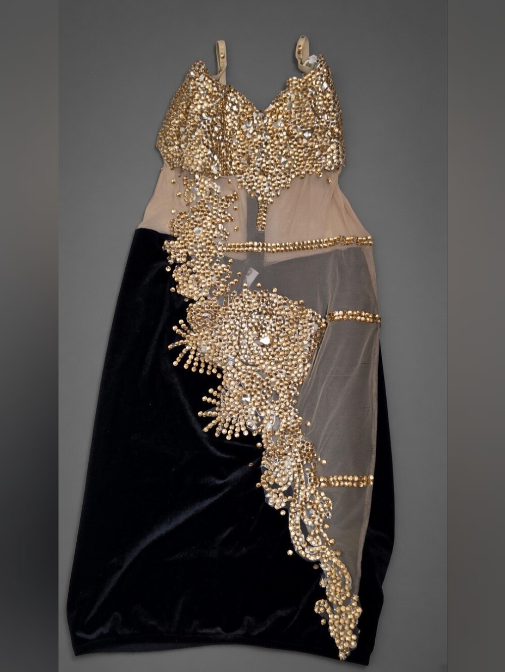 Angel Brinks Gold Rhinestone Black Velvet & Nude Mesh Dress 2020